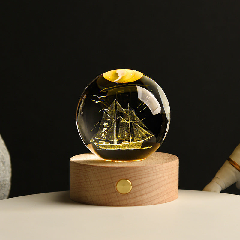 Sailboat 3D Crystal Sphere with Light Base